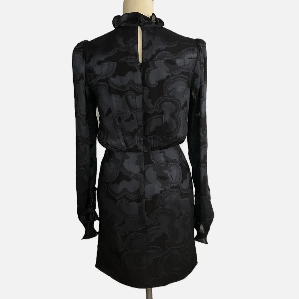 Saloni Floral Print Mini Dress Size US 4 Black‎ Grey Ruffles Long Sleeve Silk - Picture 3 of 12
